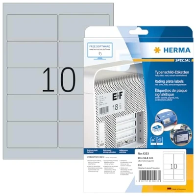 Image of HERMA Self Adhesive Name Plate Film Labels, 10 Labels per A4 Sheet, 25 Sheets, 96 x 50.8 mm, 250 Weatherproof Stickers, Sticky for Laser &amp; Inkjet Printer, Metallic Silver