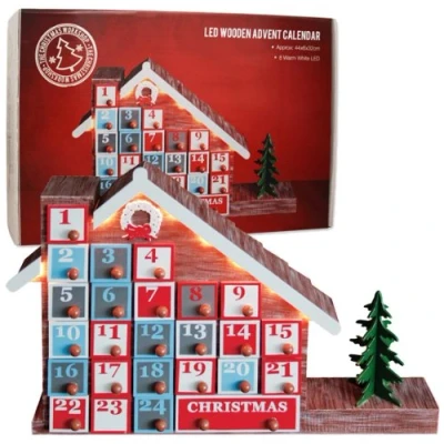 Image of The Benross Christmas Workshop Wooden Advent Calendar House with Lights