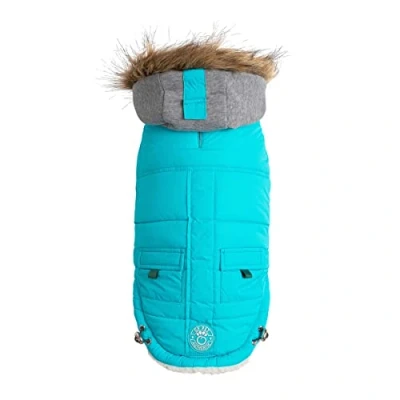 Image of GF Pet Dog Parka Jacket Winter Sailor Warm Coat for Dogs Fleece Lined Vegan Fur Hooded Bodywarmer Aqua Small