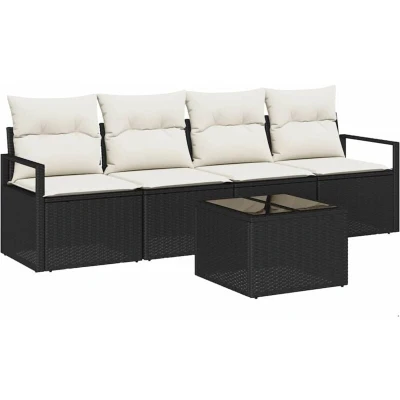 Image of vidaXL 5 Piece Garden Sofa Set with Cushions Black Poly Rattan