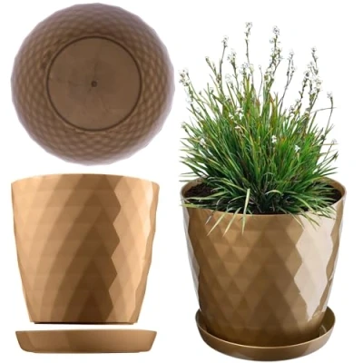 Image of KADAX Plastic Flower Pot, Durable Plant Pot with Saucer for Houseplants, Decorative Planter in Several Colours Indoor Use (Gold, 14 cm)