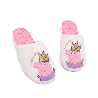 Image of Peppa Pig Slippers For Women Ladies Queen Mummy House Shoes Gift Her White Pink Gold Glitter Foam Slip On 3 4 UK