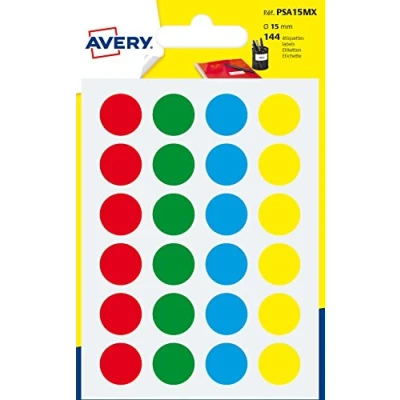 Image of Avery 144 Circle Stickers, 15mm Diameter, Assorted Small Round Dot Adhesive Labels