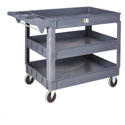 Image of Service Trolley; 3 Trays Fixed/Swivel Castors Heavy Duty Plastic Grey