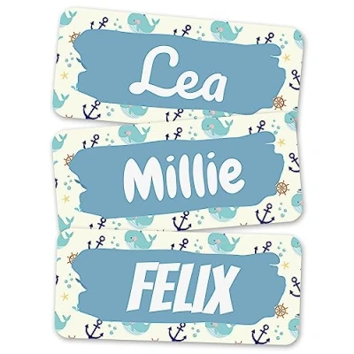 Image of melu kids® Name Labels for Clothes &amp; Items (50 Pieces) Personalised and Washable Kids Stickers, Stick on Tags (Sea)