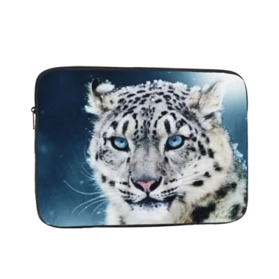 Image of Blue Eyed Snow Leopard Printed Laptop Sleeve For 15 Inch Laptop, Shockproof Oxford Fabric Protective Case Bag