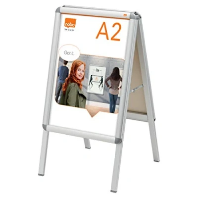 Image of Nobo A2 A Board Sign Holder With Snap Frame, Free Standing, Double Sided, Aluminium Trim, Anti Glare Protective Cover, Premium Plus, Silver, 1902207
