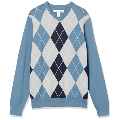 Image of Amazon Essentials Men&#039;s V Neck Sweater (Available in Big &amp; Tall), Blue Argyle, L