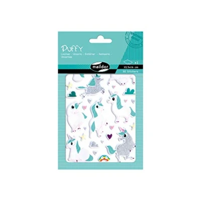 Image of Maildor Ref AE152C Puffy Stickers (Single Sheet) 10.5 x 16cm Fantasy Unicorn Designs 30 Total, Sparkly &amp; Glittery 3D Effect