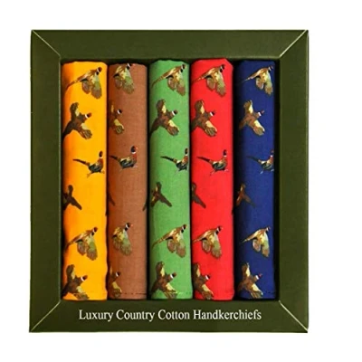 Image of Pack of 5 Soprano 100% cotton country handkerchiefs 40cm x with flying &amp; running pheasants in colours