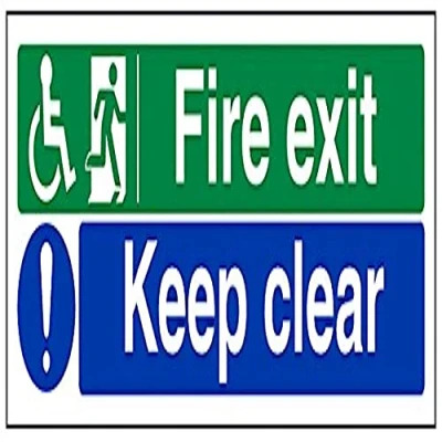 Image of VSafety Wheel Chair Fire Exit/Keep Clear Sign Landscape 300mm x 100mm 1mm Rigid Plastic