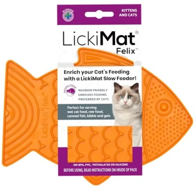 Image of LickiMat Felix, Fish Shaped Cat Slow Feeders for Feline Boredom and Anxiety Reduction; Perfect Food, Treats Reduction, Orange