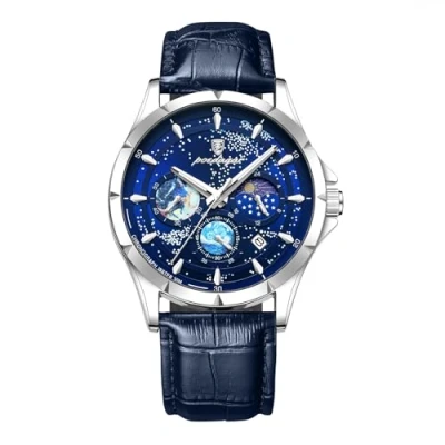 Image of JewelryWe Men Leather Band Watch: Luminous 30M Waterproof Analog Quartz Chronograph Black Blue Wrist Watch Gifts for Father&#039;s Day Valentine&#039;s Christmas