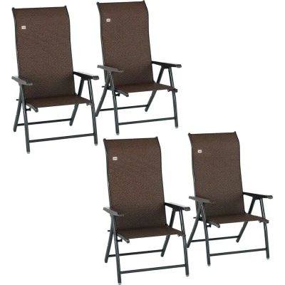 Image of Outsunny set of 4 Outdoor Wicker Folding Chairs, Patio PE Rattan Dining Armrests Chair with 7 Levels Adjustable Backrest, for Outdoors, Camping, Dark Brown