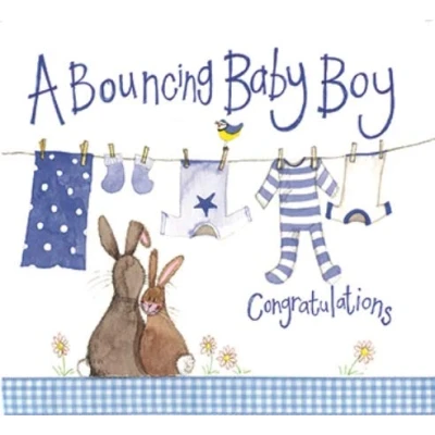 Image of Alex Clark Blue Washing Line Baby Boy Foil Card Rabbit New Congratulations Bunny Animal Greetings Cards For Babies Designed and Printed in the UK