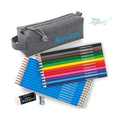 Image of Personalised Marl Grey Block Pencil Case with 12 Colouring Pencils, Matching HB Pencils Erasers Plus Helix Oxford Sharpener and Eraser Printed in UK by &#039;That&#039;s My Pencil&#039; (Ocean)