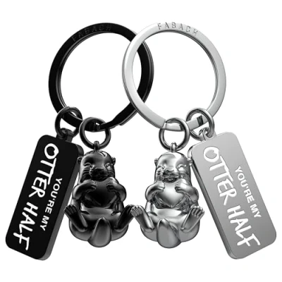 Image of FABACH Love Keyring for Couples 2 Otters with Heart I You Partner Girlfriend Gift Couple Gifts Anniversary, Black and silver, standard size, Modern