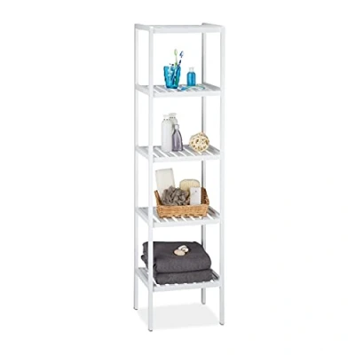 Image of Relaxdays Bamboo Bath Rack with 5 Shelves, HxWxD: 139.5 x 34.5 33 cm, Tall Freestanding Shelving Unit, Kitchen White