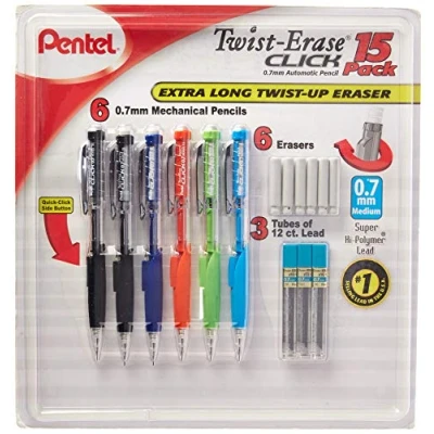 Image of Pentel Twist Erase Click Mechanical Pencil Set 6 Pencils, Extra Erasers, 3 Tubes of Lead Refills