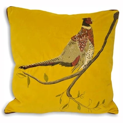 Image of Paoletti Hunter Velvet Pheasant Cushion Yellow Cotton One Size