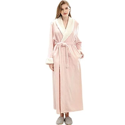 Image of Ladies Comfort Dressing Gown Sherpa Shawl Collar Soft Warm Nightgown Fur Lined Plush Bathrobe Housecoat Loungewear Pink XL