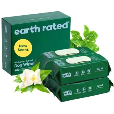 Image of Earth Rated Hypoallergenic Dog Wipes, Cleaning and Odor Controlling Grooming Wipes for Paws, Body, Butt, Perfect Puppy Adult Dogs, White Tea &amp; Basil Scent, 400 Count
