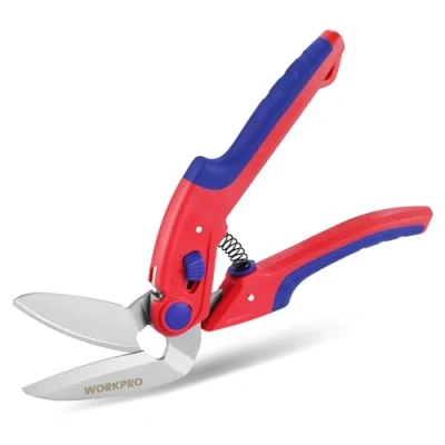 Image of WORKPRO 250mm Heavy Duty Scissors, Multi Purpose Angled Serrated Blade Carpet Cutter, Spring Loaded Stainless Steel Shears for Fabrics, Leather, Cardboard, Carpets