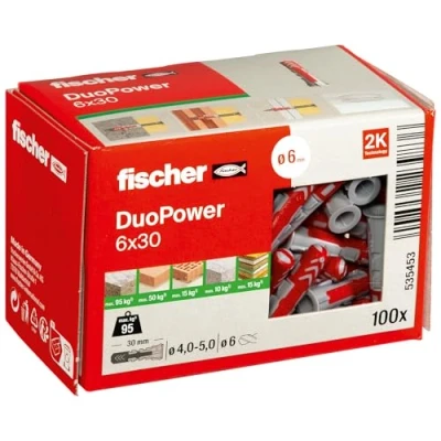 Image of fischer DuoPower 6 x 30, Powerful Universal Plug with Intelligent 2 Component Technology for fastenings in Concrete, Bricks, Gypsum plasterboard, chipboard, etc., 100 Plugs Without Screws