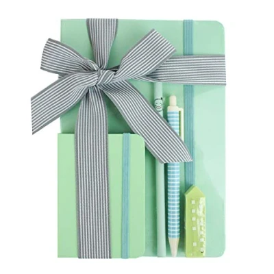 Image of Emartbuy Cool Stationery Unique Gift Set with Pastel A5 and A7 Notebook Journal Eraser Gel Pen Pencil in Ribbon Green
