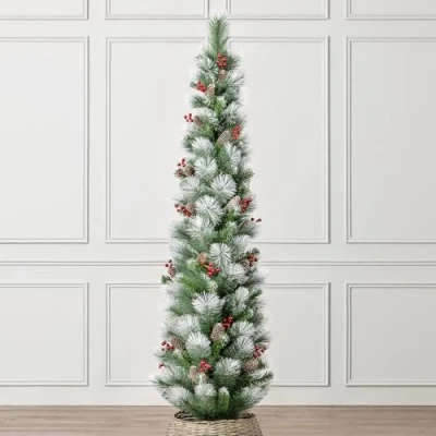 Image of CHRISTOW 6ft Pencil Christmas Tree with Snow Pine Cones &amp; Berries, Luxury Artificial Slim Spruce Stand, Indoor Home Decoration, Natural Looking PE PVC Needles (tree skirt not included)