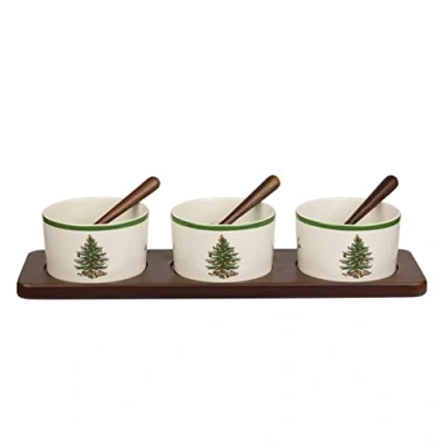Image of Portmeirion Spode Christmas Tree Holiday Serving Dishes 7 Piece Set, Beige/Green, Ceramic Bowl Dip Bowls Dinnerware, Dishwasher and Microwave Safe, Festive Tableware