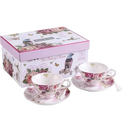 Image of London Boutique Coffee Tea Cup and Saucer Set 2 Shabby Chic Vintage Flora Porcelain Gift Box (Pink Bird Rose) (Bird Rose Butterfly)