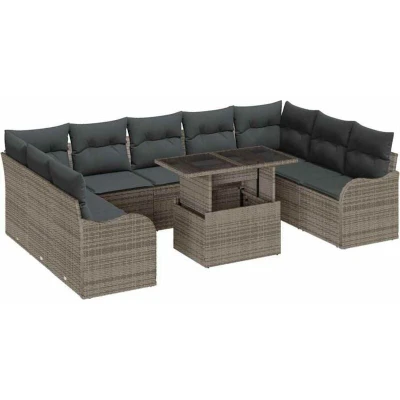 Image of vidaXL 10 Piece Garden Sofa Set with Cushions Grey Poly Rattan