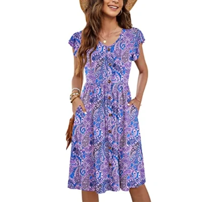Image of MOLERANI Women Summer Dresses Ruffle Sleeve V Neck Casual Swing Elastic Waist Midi Dress with Pockets Deep Paisley Floral Purple S