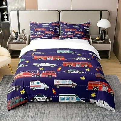 Image of Fire Truck Cotton Duvet Cover Set Police Car Bedding for Kids Boys Girls Youth Decor Engine Ambulance Cute Emergency Vehicle Blue Room Single