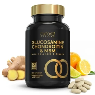 Image of Glucosamine and Chondroitin MSM Tablets High Strength 120 Sulphate with Collagen, Citrus Bioflavonoid Ginger Root Extract Men Women Made in the UK
