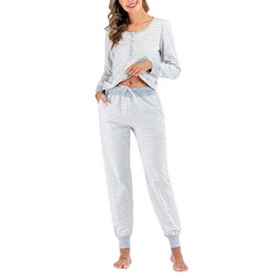 Image of Women Pyjama Sets Cotton Long Sleeve Striped Lounge Wear PJS Nightwear Top &amp; Bottoms for Ladies (Gray,S)