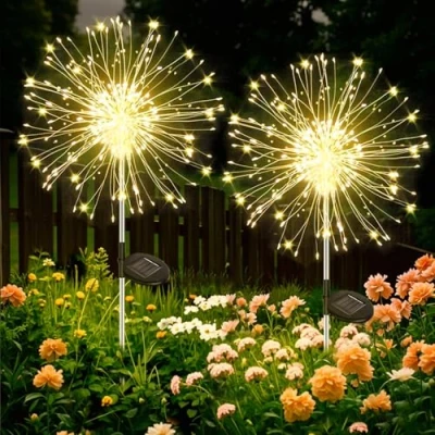 Image of Joycome Solar Garden Lights 2 Pack 120 LED Christmas Decorations, Firefly Stake 8 Modes Allium Lights, Outdoor Waterproof Starburst for Xmas Pathway Patio Multicolor