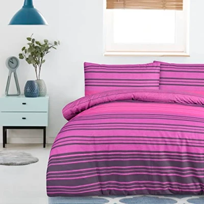 Image of Sleepdown Duvet Cover Set Purple Textured Stripe Reversible Quilt Easy Care Bed Linen Soft Cosy Bedding Sets with Pillowcases Double (200 cm x 200 cm)