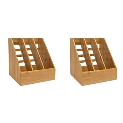 Image of OSCO Bamboo Triple Magazine Rack 2 Pack Folder Storage File Organiser Desk &amp; Shelf Filing Document Holder Office Paperwork Brochure Display H30.5 x W28 D25 cm