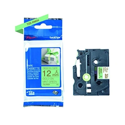 Image of Brother TZe RM34 Labelling Tape Cassette, Gold on Mint Green, 12mm (W) x 4M (L), Ribbon Tape, Genuine Supplies