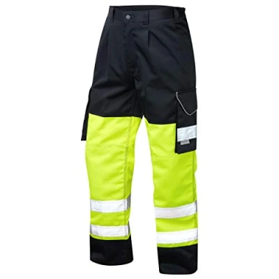Image of Leo Workwear CT01 Bideford Men Hi Vis Cargo Trousers Dual Tone#32 Tall Yellow/Navy
