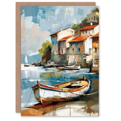 Image of Artery8 Fishing Village Oil Painting Boats Coastal Summer Greeting Birthday Card Him Her All Blank