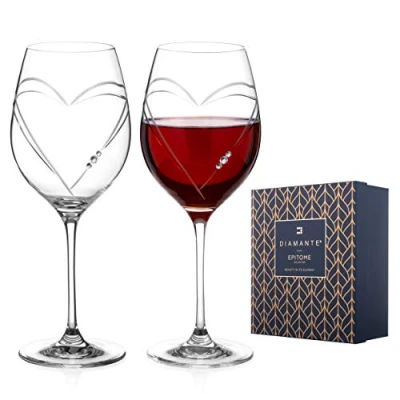 Image of DIAMANTE Swarovski Wine Glasses Pair ‘Hearts’ Collection Crystal Goblets Set of 2 with Display Box