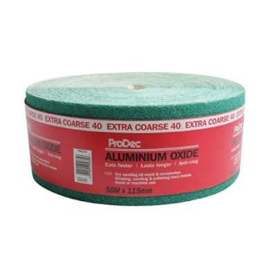 Image of ProDec 50m Roll 40 Grit Extra Coarse Grade Green Aluminium Oxide Abrasive Sanding Paper for Wood, Paint, Plaster, Filler, Metal and More, 115mm Wide Sandpaper Compatible with Machine Sanders