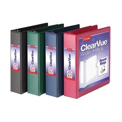 Image of Cardinal 3 Ring Binders, Binders for School and Office, Durable 2 Inch Binder with Round Rings, Holds 475 Sheets, ClearVue Covers, Non Stick, PVC Free, Assorted Colors, 4 Pack (29310)