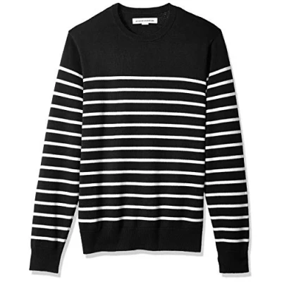 Image of Amazon Essentials Men&#039;s Crew Neck Sweater (Available in Big &amp; Tall), Black White Placed Stripe, M