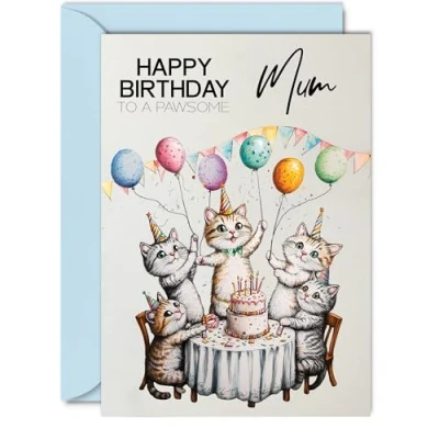 Image of Mum Birthday Card Pawsome Party Cats Balloons Happy for from Son Daughter, A5 Female Cat Bday Greeting Cards