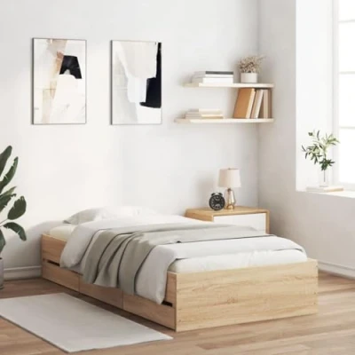 Image of vidaXL Engineered Wood Bed Frame with Drawers Small Single Sonoma Oak 75x190 cm, Modern Bedroom Furniture Storage