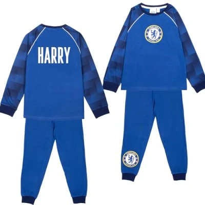 Image of Chelsea FC Personalised Pyjama for Kids Long Sleeve 100% Cotton Winter Football PJ Set Soft and Comfortable Gift Boys Age 5/6 Blue